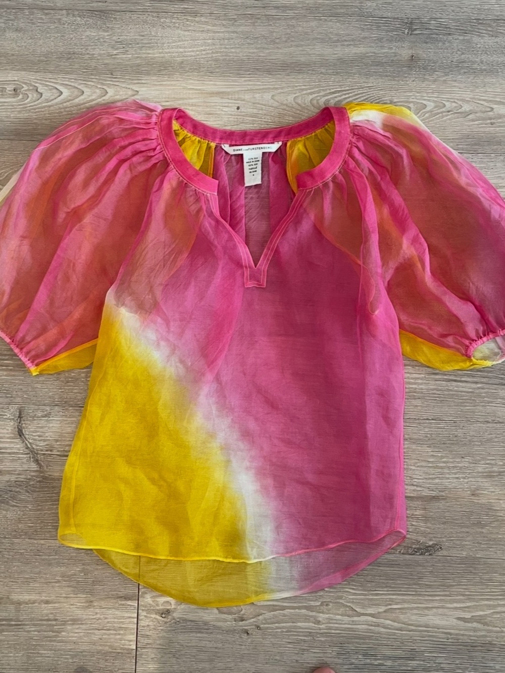 Diane von Furstenberg 100% Silk Sheer Tie Dye Puff Sleeve Blouse | Pink & Yellow